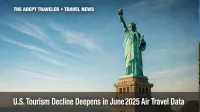 Aerial low-angle shot of the Statue of Liberty symbolizing the ongoing U.S. tourism decline.