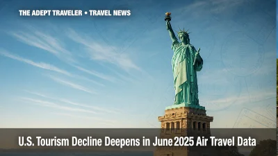 Aerial low-angle shot of the Statue of Liberty symbolizing the ongoing U.S. tourism decline.