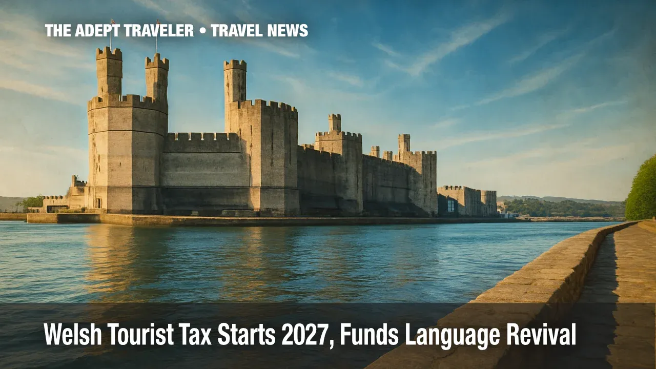 Caernarfon Castle beside river illustrating Welsh tourist tax impact.