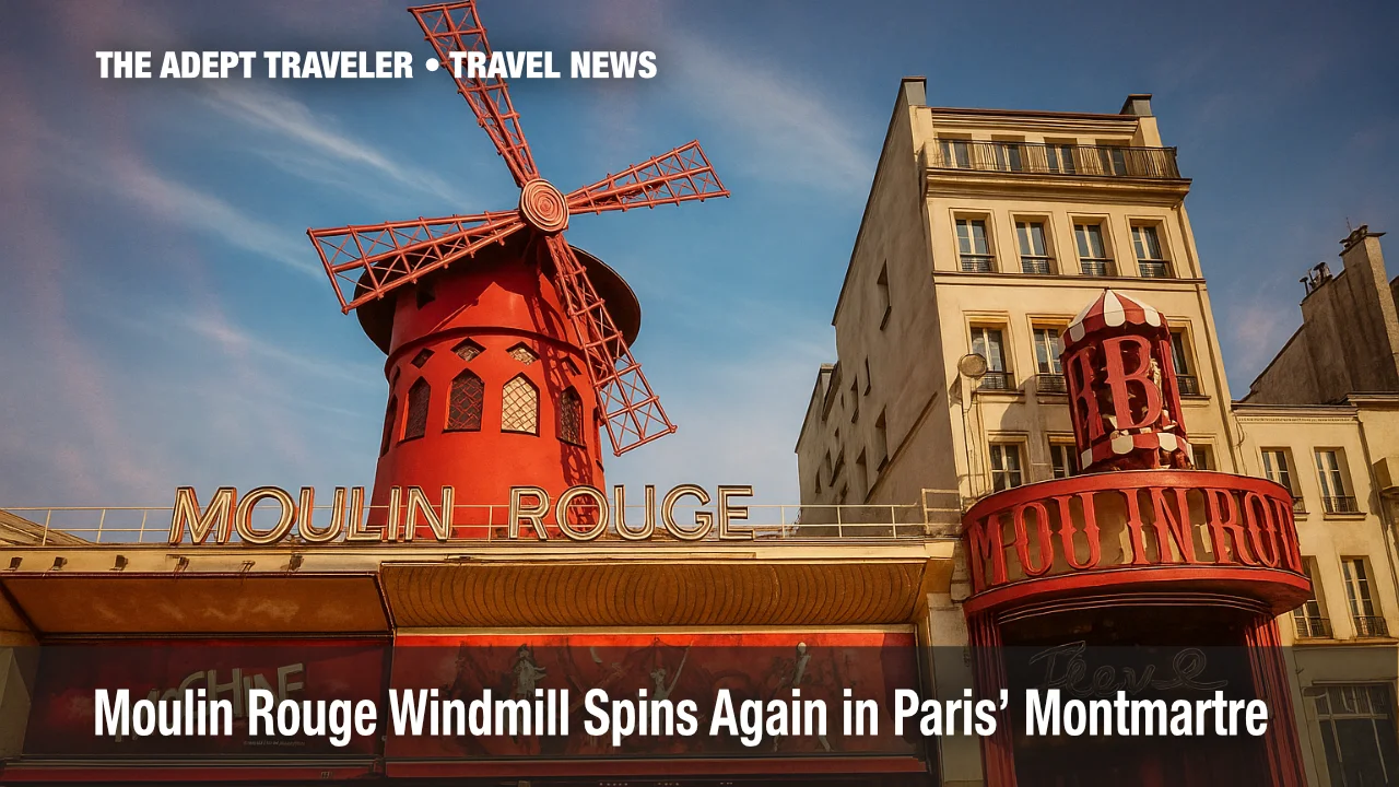 Moulin Rouge windmill turning again in Montmartre Paris