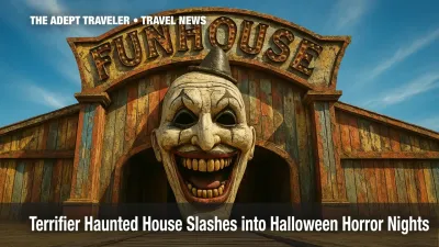 Spooky carnival Funhouse façade with clown grin at Universal's Halloween Horror Nights Terrifier haunted house.