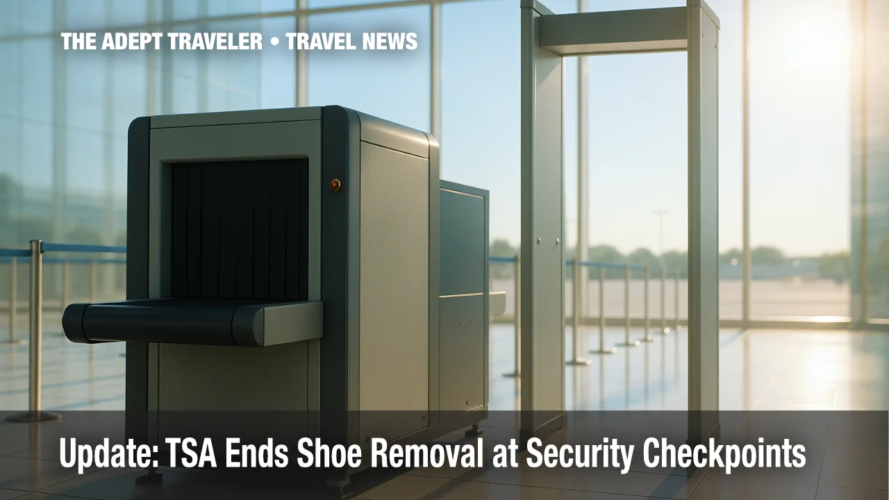 Modern TSA checkpoint with scanners illustrating new shoe-removal policy change.