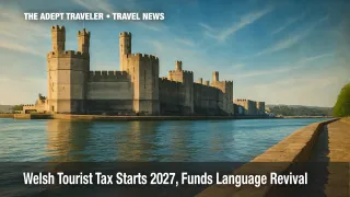 Caernarfon Castle beside river illustrating Welsh tourist tax impact.