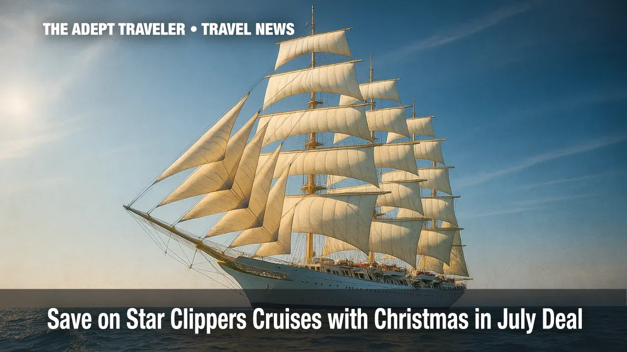 Royal Clipper tall ship sailing at full sail during Christmas in July promotion