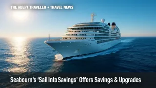 Seabourn cruise ship at sea promotes Sail Into Savings luxury-cruise deal.