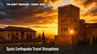 Alhambra Granada tower lit by golden sunset after Spain earthquake travel disruption