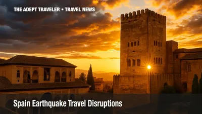 Alhambra Granada tower lit by golden sunset after Spain earthquake travel disruption