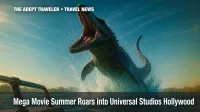 Mosasaurus leaps above lagoon at Universal Mega Movie Summer.