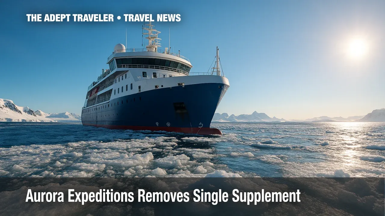 Ice-strengthened Aurora Expeditions ship navigating Antarctic brash ice during a no-solo-supplement voyage.