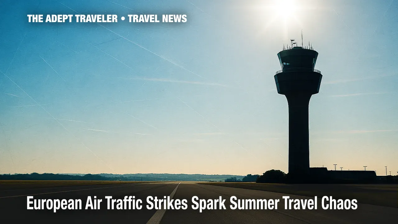 Control tower against blue sky highlights European air traffic strikes.