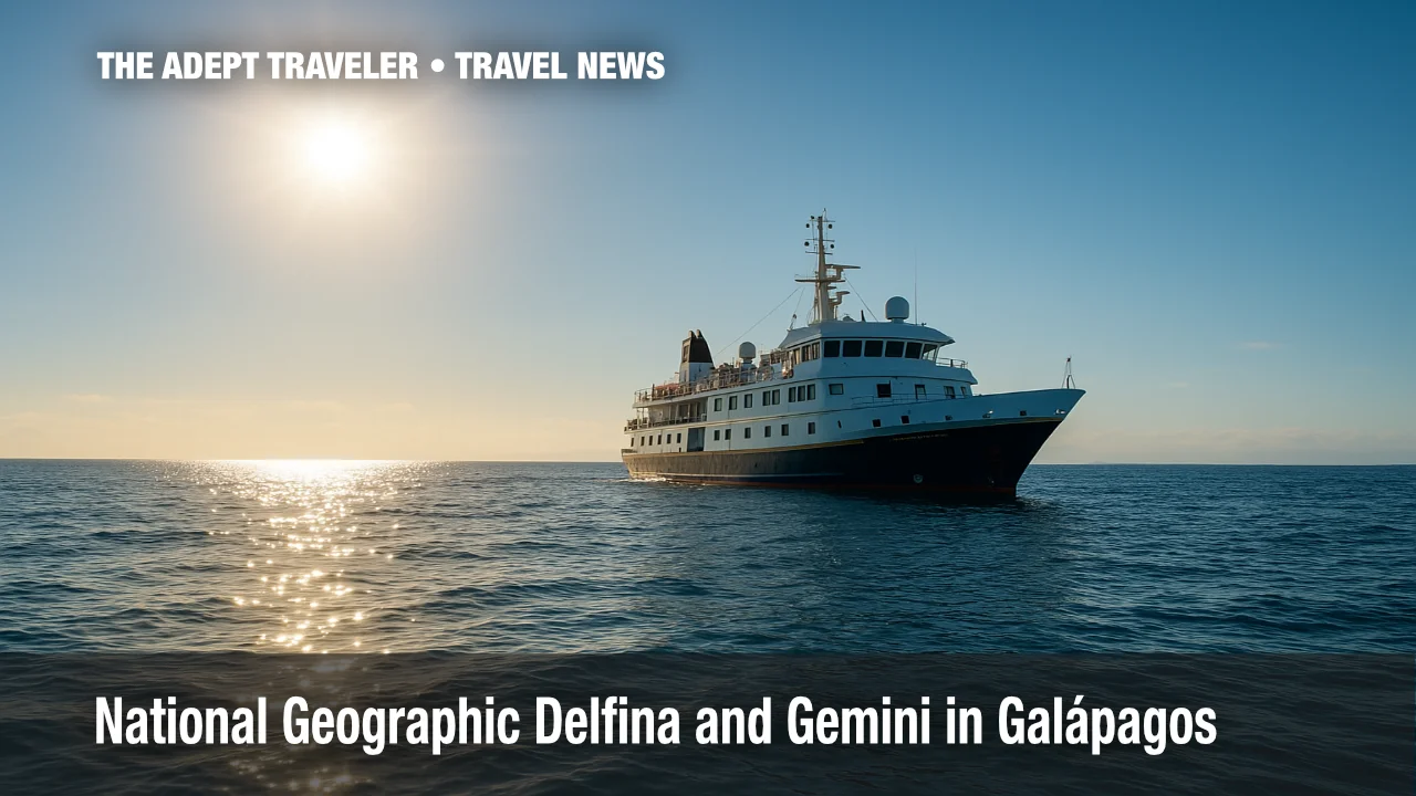 Small National Geographic-branded expedition ship anchored in Galápagos waters during naming ceremony.