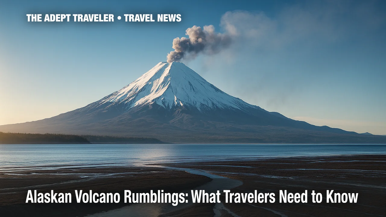 Snow-covered Iliamna Volcano rises over Cook Inlet as a faint ash plume hints at unrest.