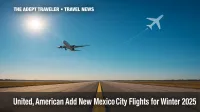 Jet taking off from runway illustrates Denver- and Chicago-Mexico City flights.