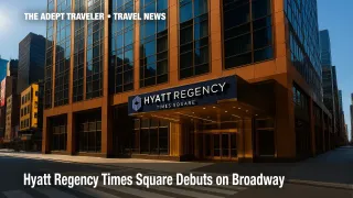 Hyatt Regency Times Square entrance lit by Broadway marquees.