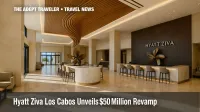 Renovated Hyatt Ziva Los Cabos lobby with marble surfaces and sculptural bar centerpiece.