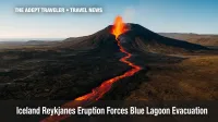 Molten lava rivers cut across Reykjanes Peninsula during Iceland volcano eruption, Blue Lagoon nearby.