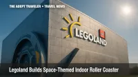 Exterior of Legoland's space-themed indoor roller coaster under construction.