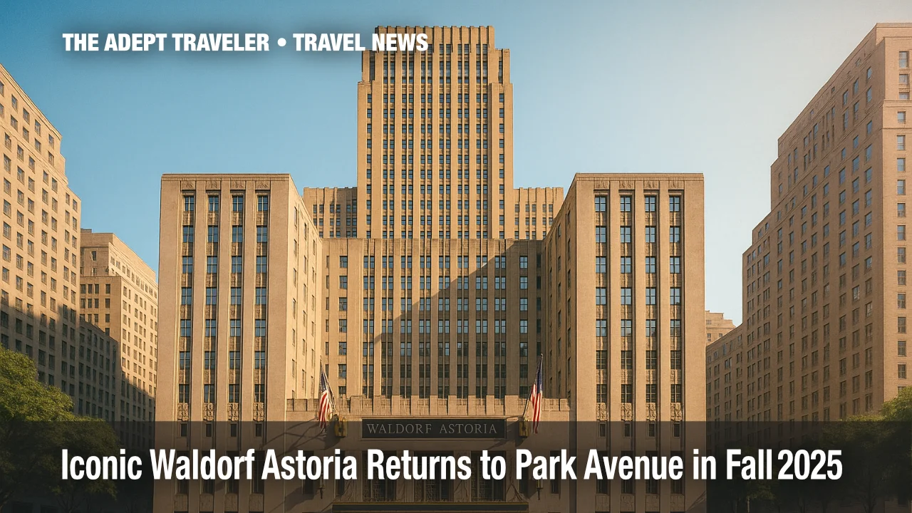 Waldorf Astoria New York façade framed by Park Avenue, luxury hotel reopening.