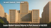 Waldorf Astoria New York façade framed by Park Avenue, luxury hotel reopening.