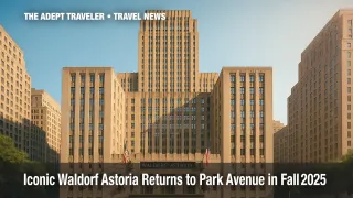 Waldorf Astoria New York façade framed by Park Avenue, luxury hotel reopening.