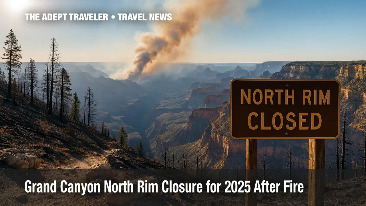 Grand Canyon North Rim closed sign amid wildfire-scarred pines.