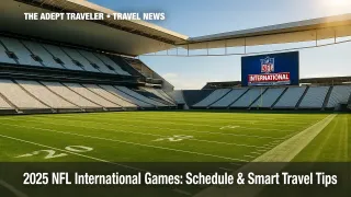 A sunlit international football stadium prepared for the 2025 NFL international games.