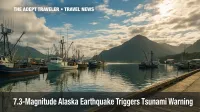 Fishing boats in Sand Point harbor after Alaska earthquake under partly cloudy sky.