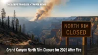 Grand Canyon North Rim closed sign amid wildfire-scarred pines.