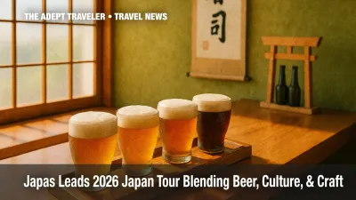 Craft-beer flight in handmade ceramic cups on cedar bar, shoji sunlight — Japas Japan tour beer-culture scene