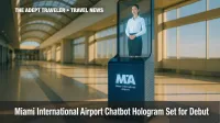Holographic chatbot kiosk at Miami International Airport concourse.