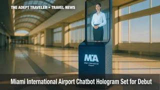 Holographic chatbot kiosk at Miami International Airport concourse.