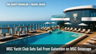 Expansive MSC Yacht Club sun deck aboard MSC Seascape in Galveston, showcasing private pool and cabanas.