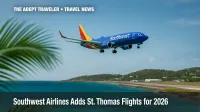 Southwest Airlines 737-8 approaching St. Thomas runway over turquoise water.