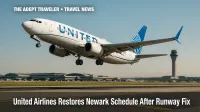 United Airlines jet departs Newark runway after construction, illustrating restored Newark operations.