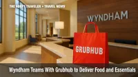 Grubhub delivery bag at Wyndham hotel front desk.
