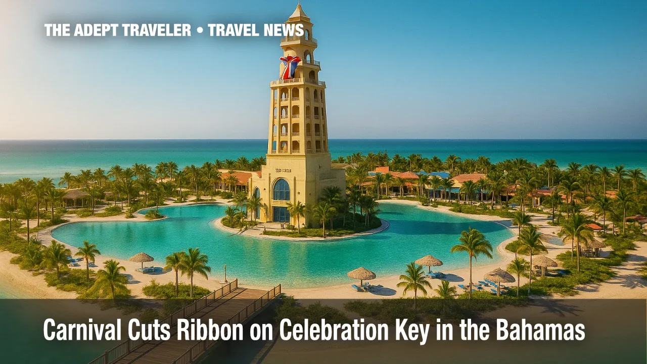 Aerial view of Celebration Key opening, Suncastle towering over lagoon portals.