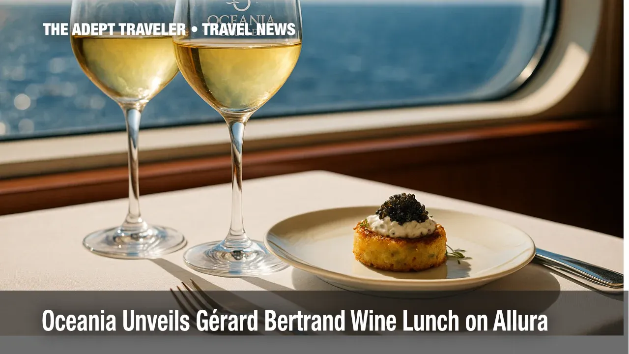 Crystal wine glasses and gourmet dish highlight Gérard Bertrand Wine Lunch on Oceania Allura.