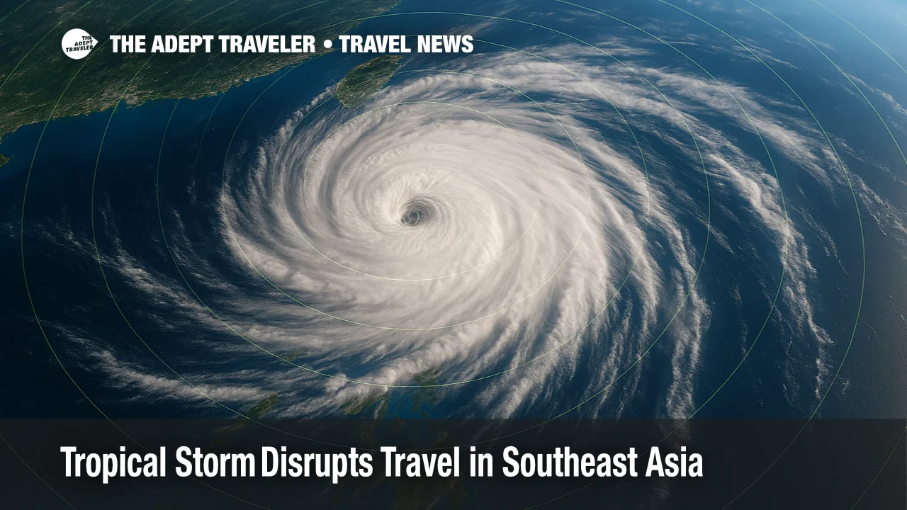 Satellite image of Tropical Storm Crising impacting Philippine and Hong Kong travel routes.