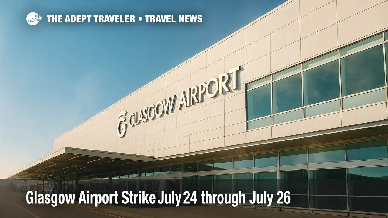 Glasgow Airport terminal under clear sky during strike alert, summer travel disruption primary keyword.