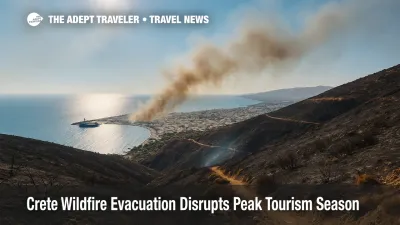 Scorched hills overlooking Ierapetra harbor after Crete wildfire evacuation.