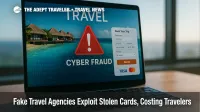 Laptop shows fake travel site flagged for travel fraud.