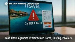 Laptop shows fake travel site flagged for travel fraud.