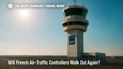 Control tower at major French airport amid clear blue sky highlights France ATC strikes.