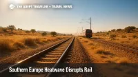 Southern Europe rail line under intense summer heat.