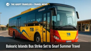 Empty TIB bus in Alcúdia station during Balearic Islands bus strike disruption