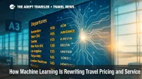 Departure-board graphic with neural-network overlay illustrates machine learning in travel