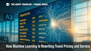 Departure-board graphic with neural-network overlay illustrates machine learning in travel
