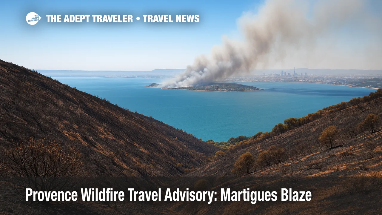 Charred hillside overlooking Étang de Berre shows smoke from Provence wildfire.