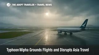 Typhoon Wipha rain and wind sweeping across Hong Kong International Airport runway.