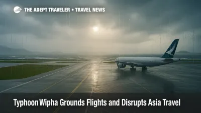 Typhoon Wipha rain and wind sweeping across Hong Kong International Airport runway.